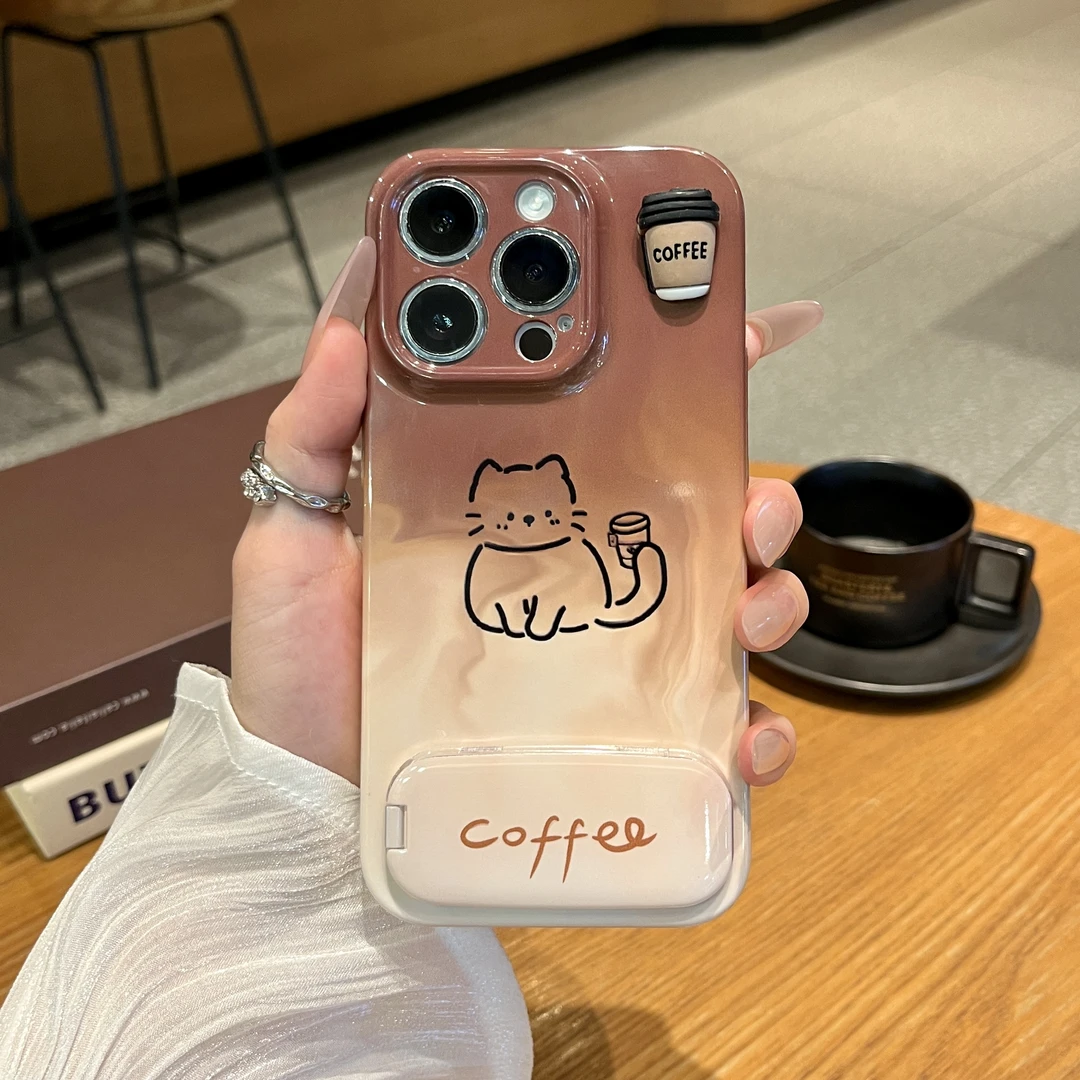 简约ins渐变咖啡猫咪支架适用苹果17/16华为P70手机壳vivoppo小米
