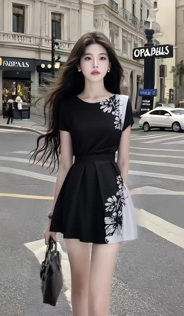 温婉轻熟风黑色圆领短袖收腰印花设计连衣裙女时尚气质小众氛围感