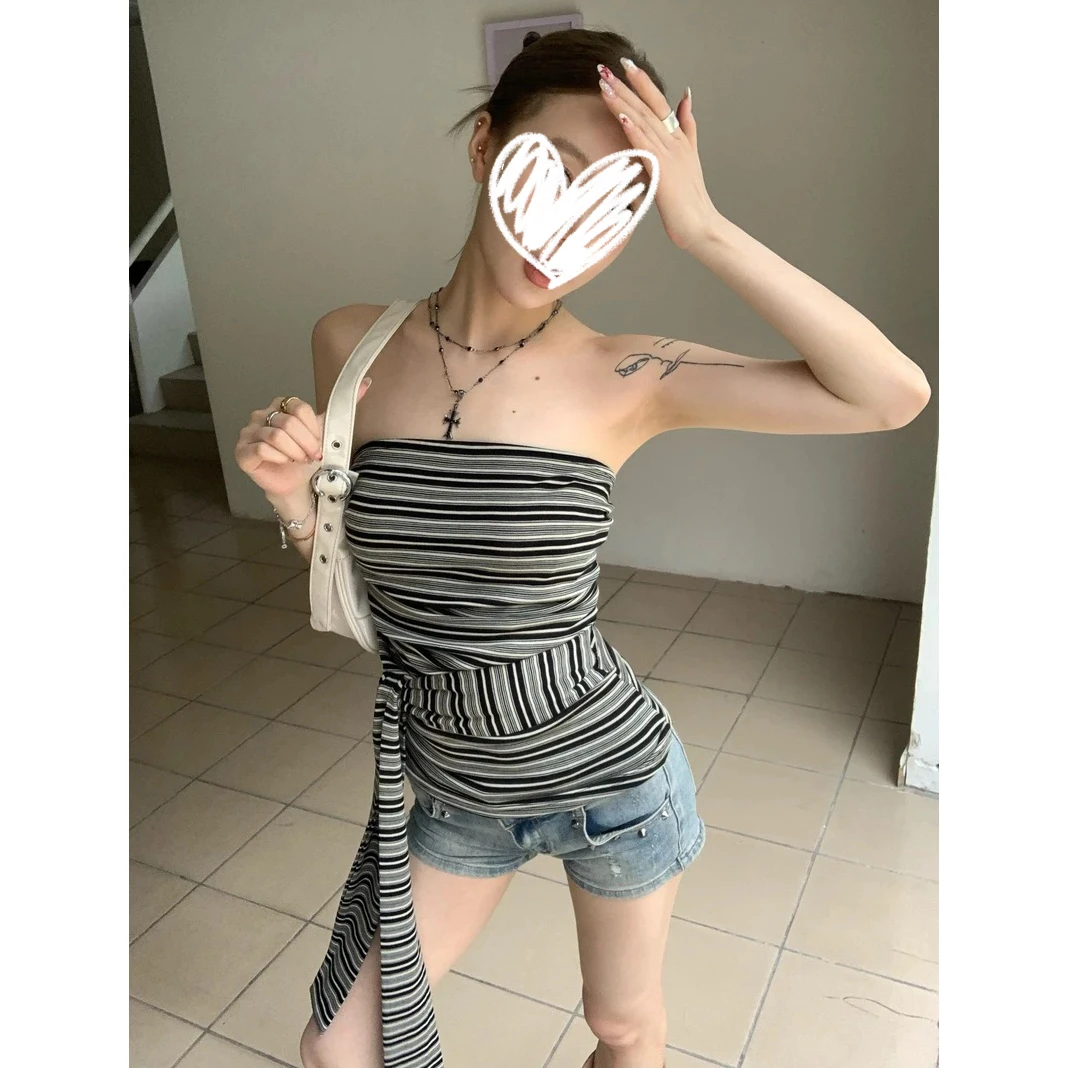 复古撞色条纹露背抹胸背心女夏季绑带修身无袖外穿设计感辣妹上衣