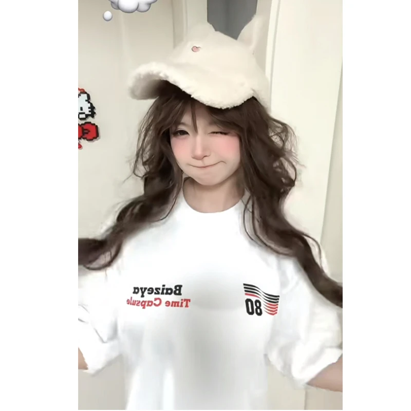 2025夏季新款设计感超火白色正肩t恤女短袖美式学院风宽松上衣潮