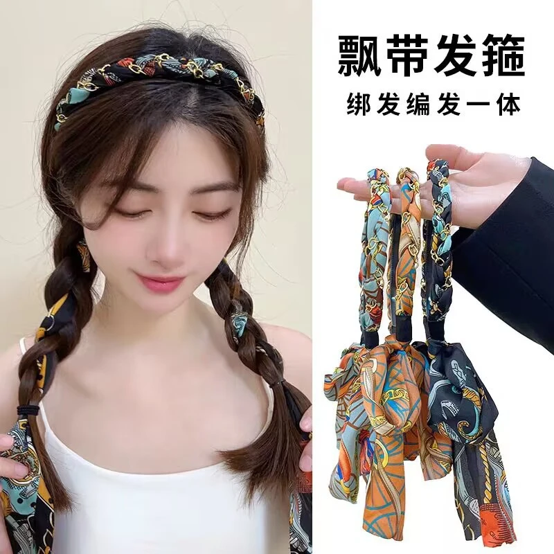 布艺发箍新款民族风发饰旅游链条麻花辫穿搭飘带编发发箍复古森女