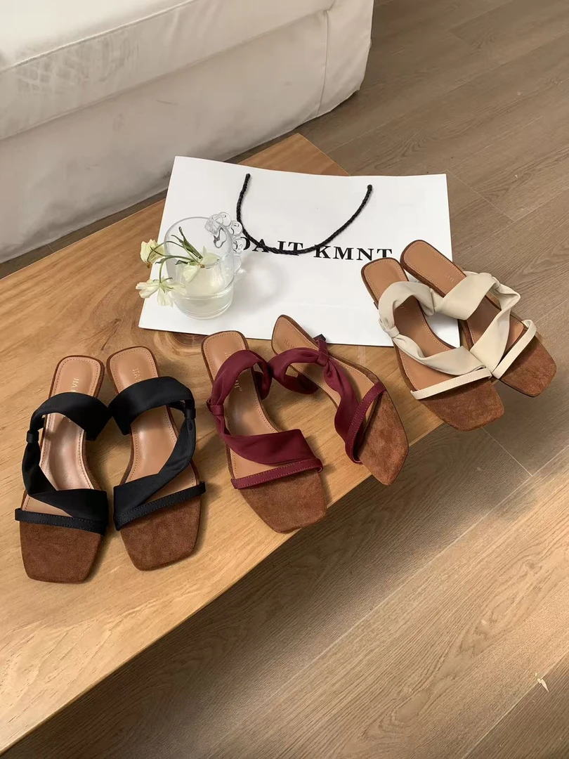 团团家 830-2 法式温柔晚风露趾一字拖鞋女夏外穿3cm小猫跟不累脚