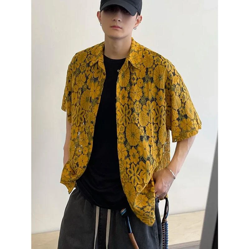 300斤特大码美式短袖衬衫夏季款男士款高级感设计蕾丝镂空个性衬