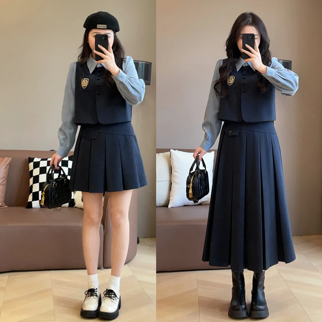 大萌萌 学院风减龄毛呢假两件上衣百褶裙秋冬显瘦套装 P225A17450