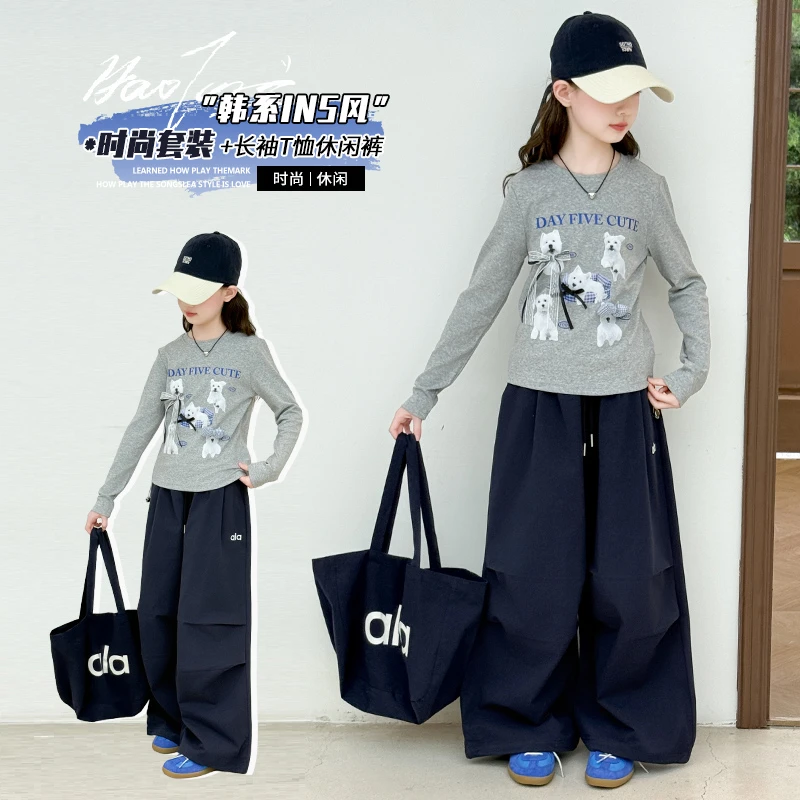 Q25238女童套装2025春秋新款韩版儿童蝴蝶结印花长袖上衣宽松休闲