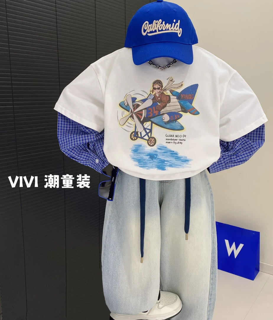 VIVI童装 2025春款潮流中大童涂鸦印花蓝色假两件拼衬衣长袖T恤
