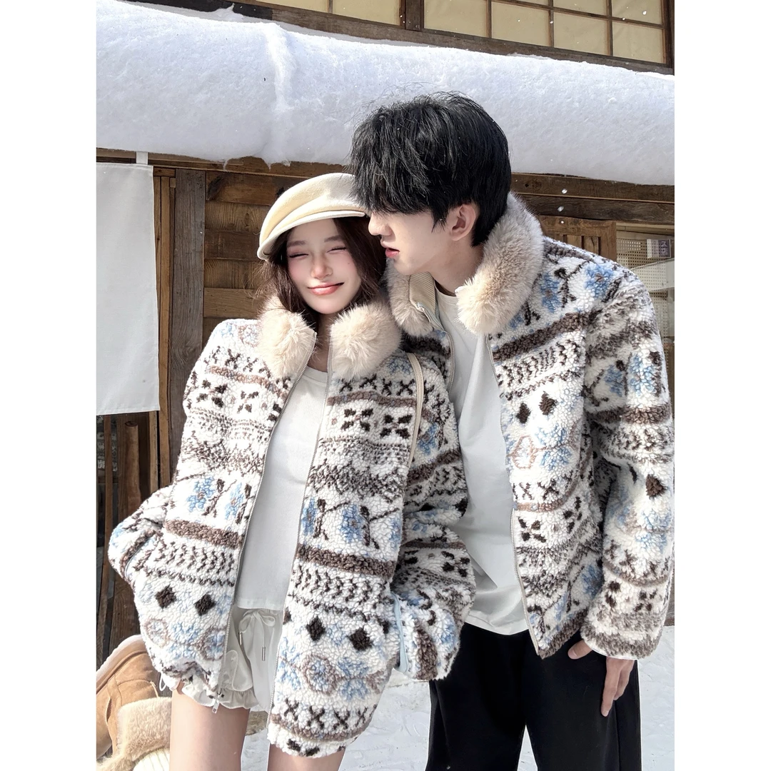 费尔岛拼接毛领针织外套女2025秋冬新款复古印花加厚宽松保暖毛衣