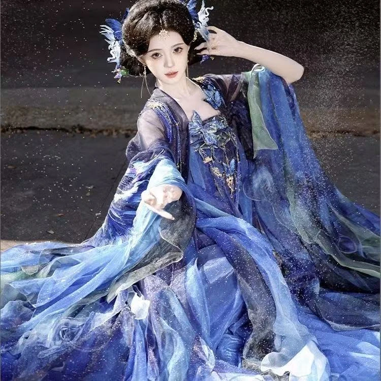 新品   齐胸【蓝尾蝶】神女系列 重工刺绣大袖衫齐胸裙新款 仙气