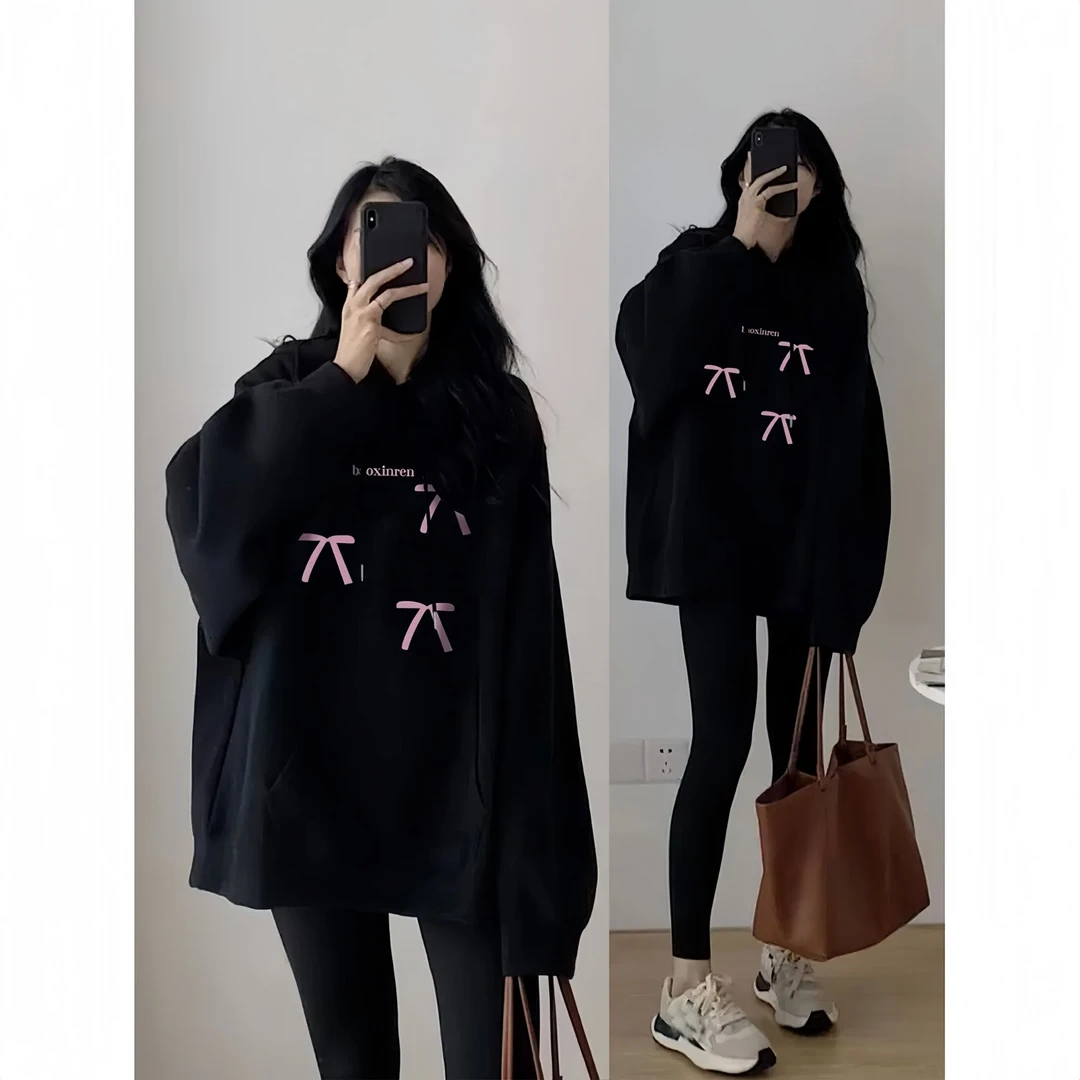 孕妇装早秋黑色连帽卫衣女新款春秋冬季宽松显瘦加绒长袖孕妇上衣