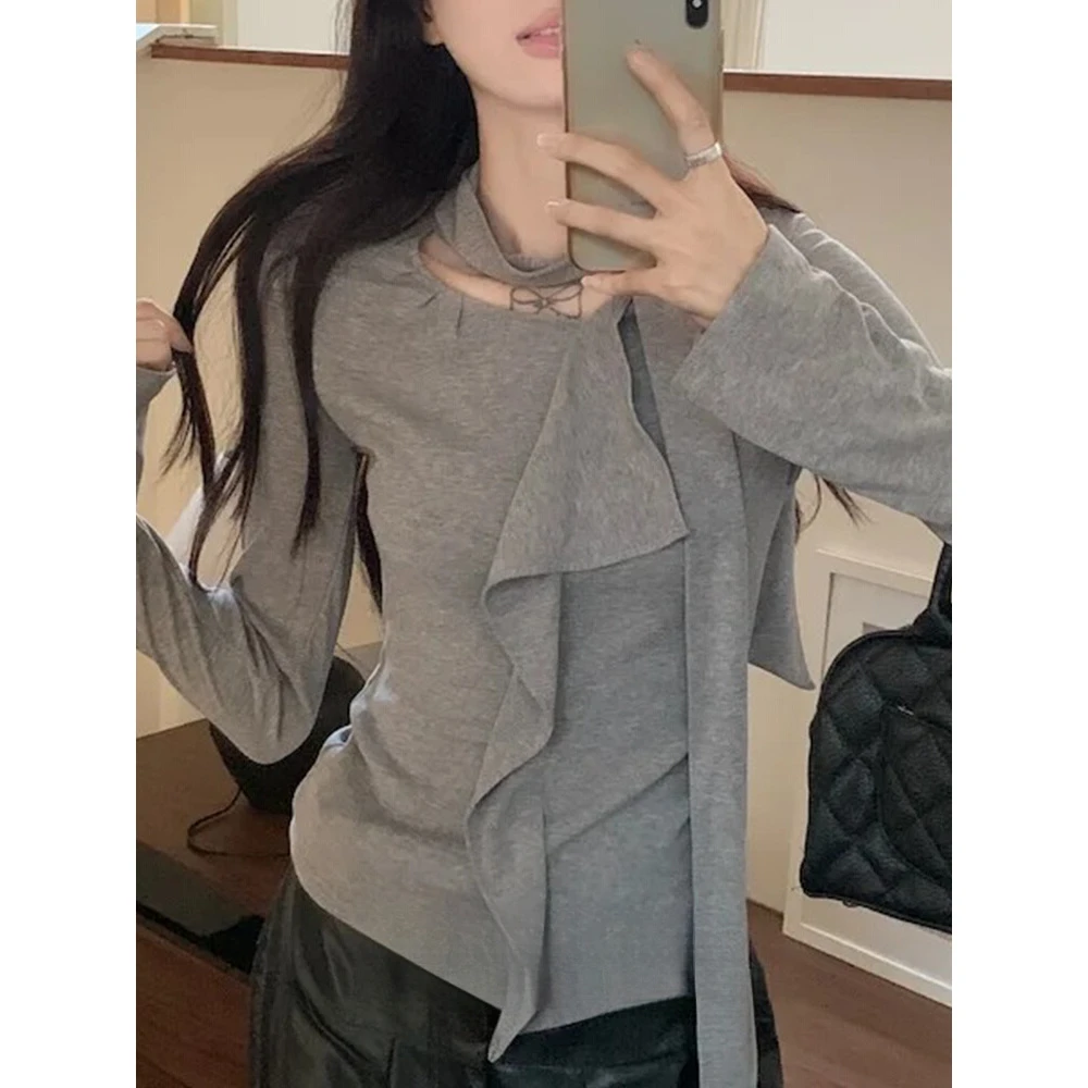 灰色荷叶边纯欲打底衫女秋冬新款设计感小众洋气修身显瘦内搭上衣