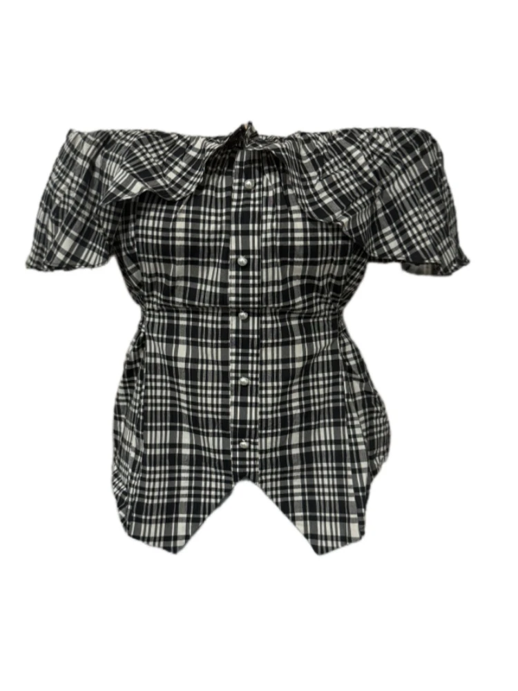 【Amy家】法式格子荷叶边一字肩短袖衬衫女夏季设计感绑带显瘦上衣