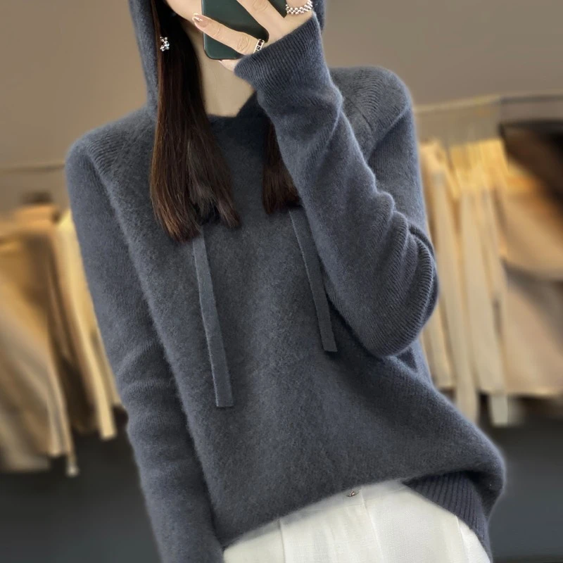 鄂尔多斯市100纯羊毛衫女加厚带帽羊毛衫宽松连帽衫羊毛休闲百搭