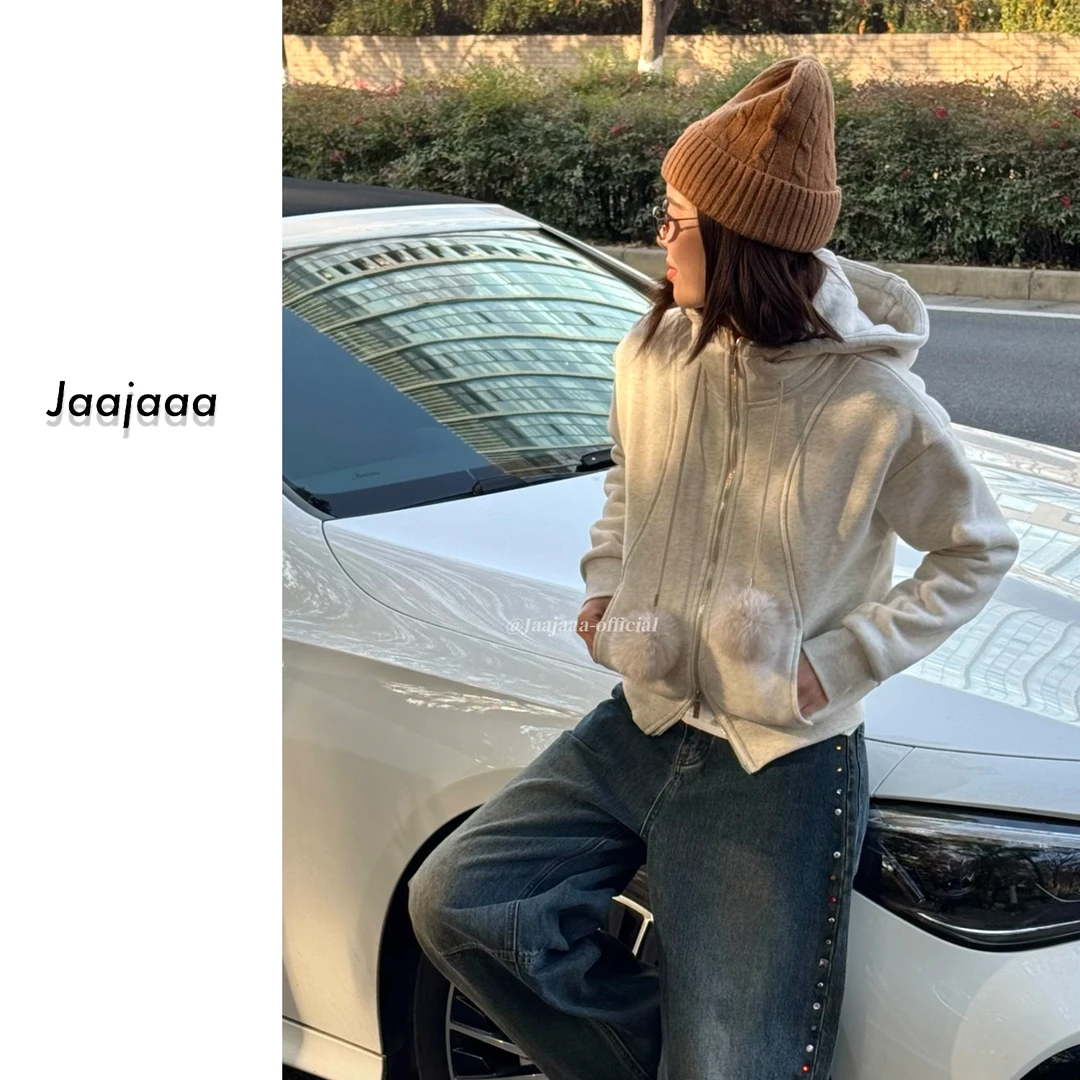 Jaajaaa白鹭孤烟  计感甜美连帽毛绒抽绳一体绒加厚百搭卫衣/EBHA