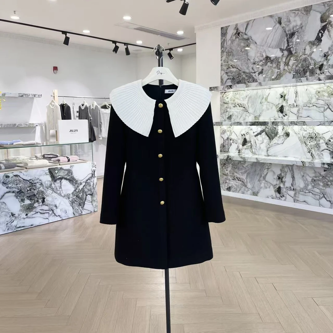 jillyi【北国雪松】白色翻领粗花呢外套小香风气质时尚黑色娃娃领