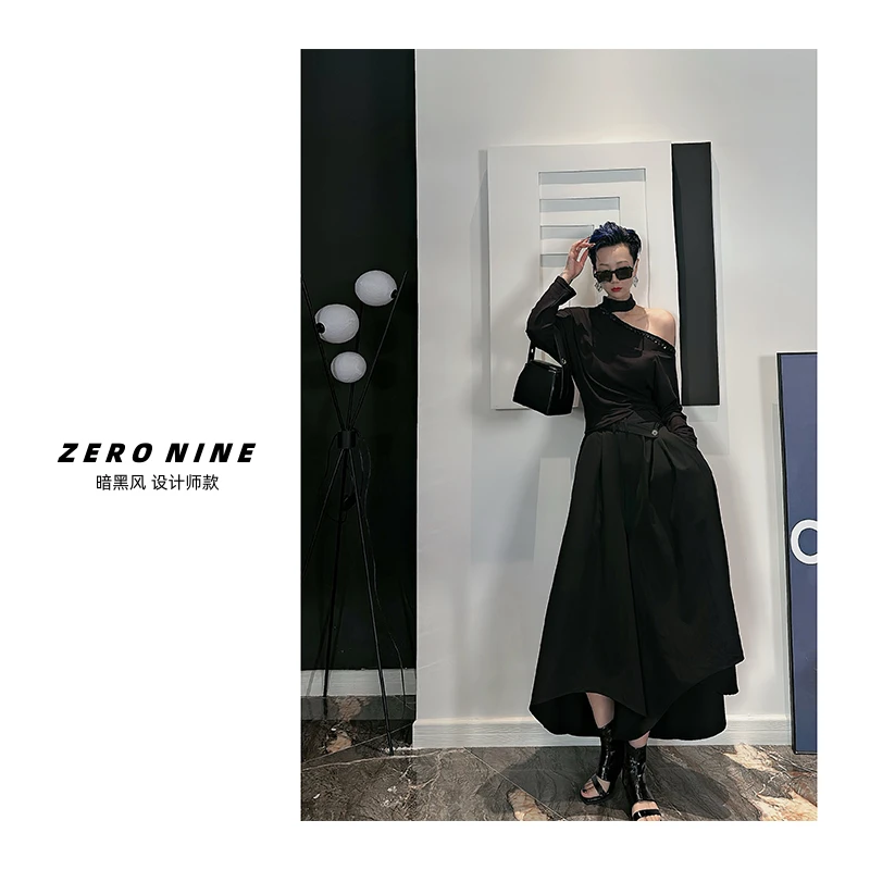 Dan Dan 黑色法式高级性感露肩T恤女