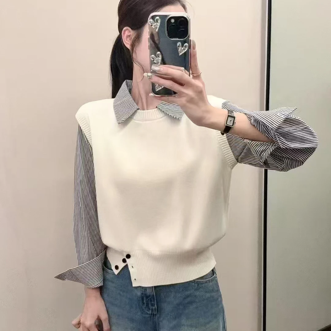 2025早秋新款下摆纽扣收腰精美短毛衣假两件条纹长袖拼接针织衫女