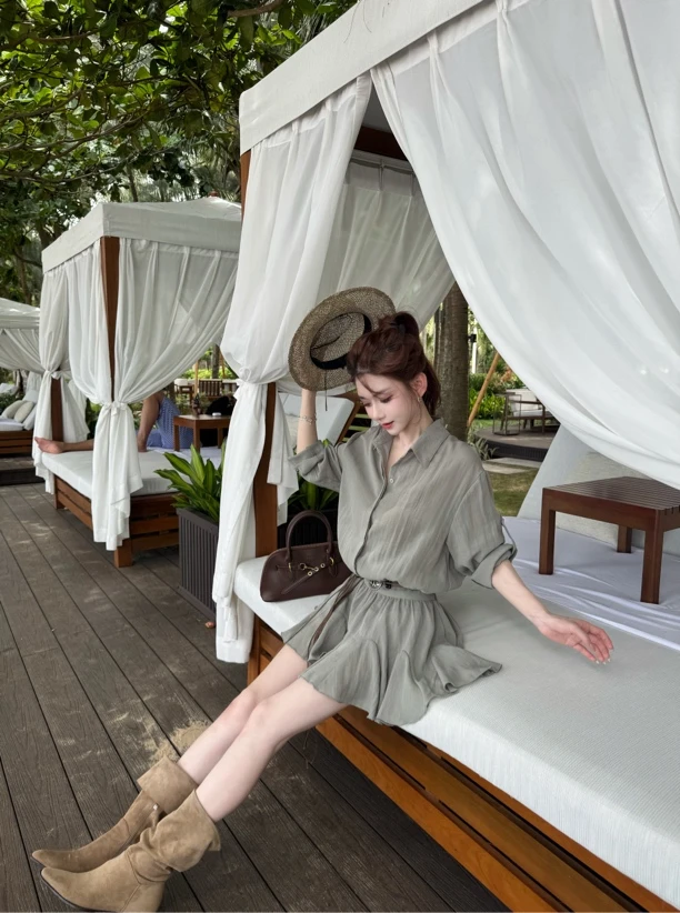 【椰影白沙】早秋上新废土风清透棉感多裁片拼接下摆连衣裙➕腰带