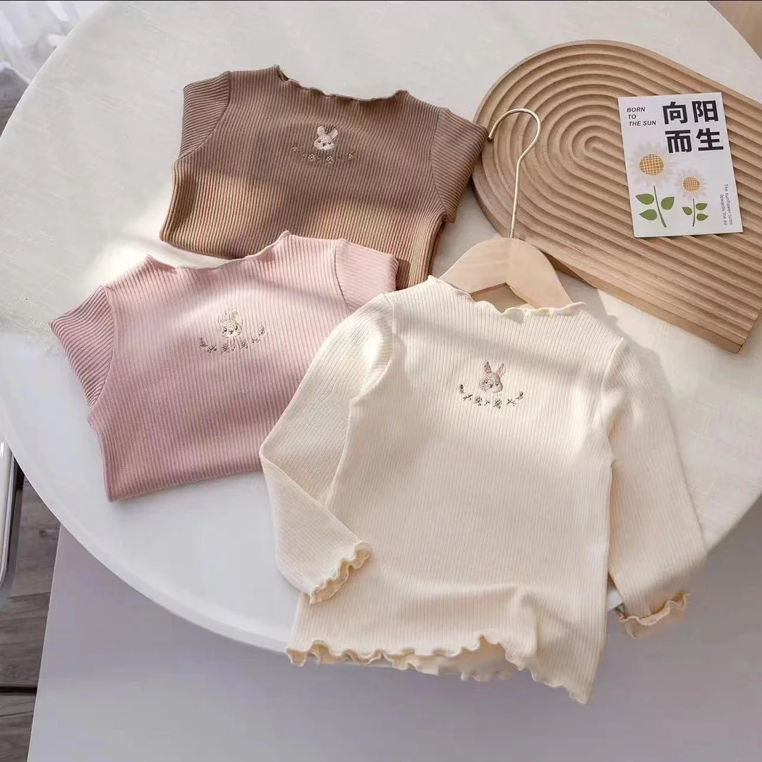 春秋女童装打底衫宝宝洋气儿童个性潮韩版卡通花朵刺绣木耳边T恤