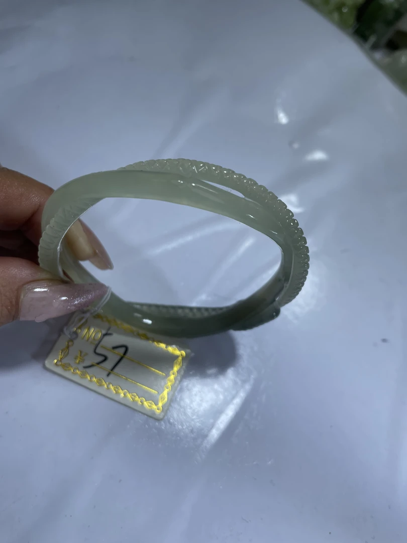 岫玉水墨半壁蛇盘竹节手镯，57.58口径15号