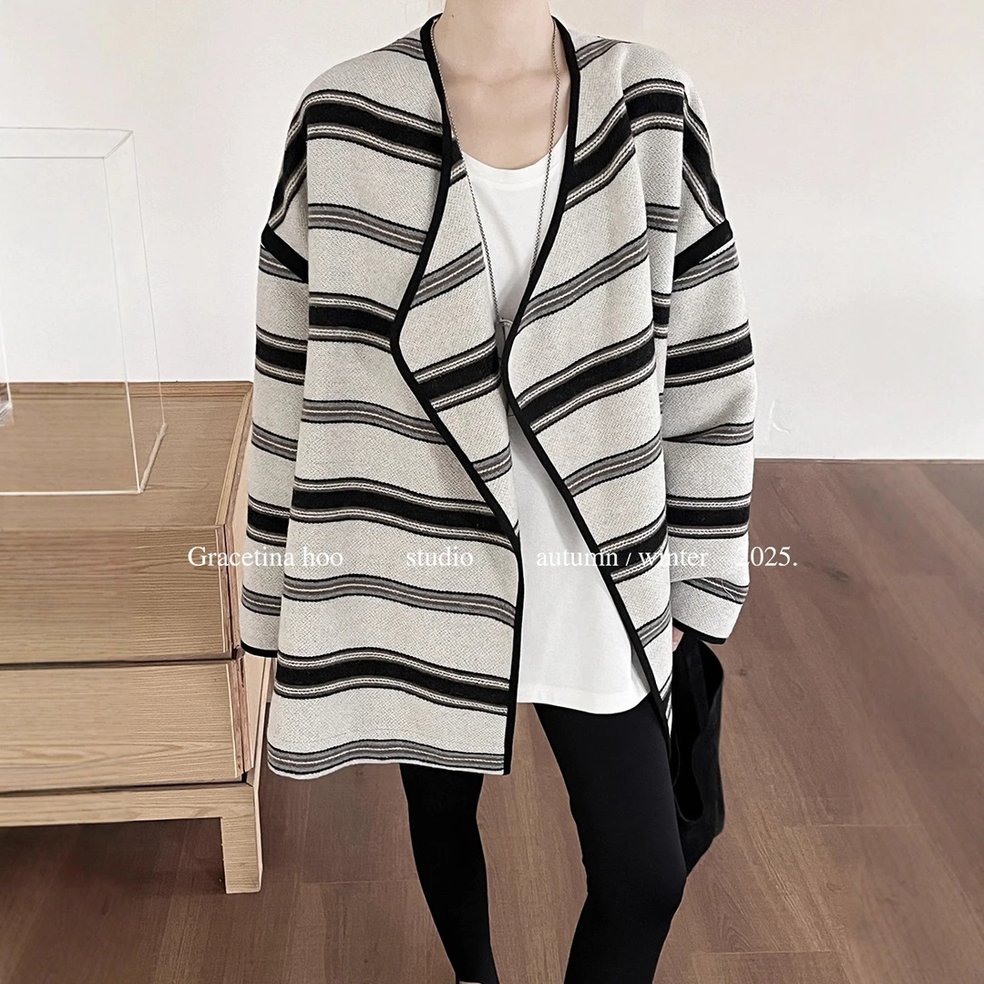 十三行秋冬新款法式40羊毛大衣廓形斗篷廓形条纹外套女中长款春秋