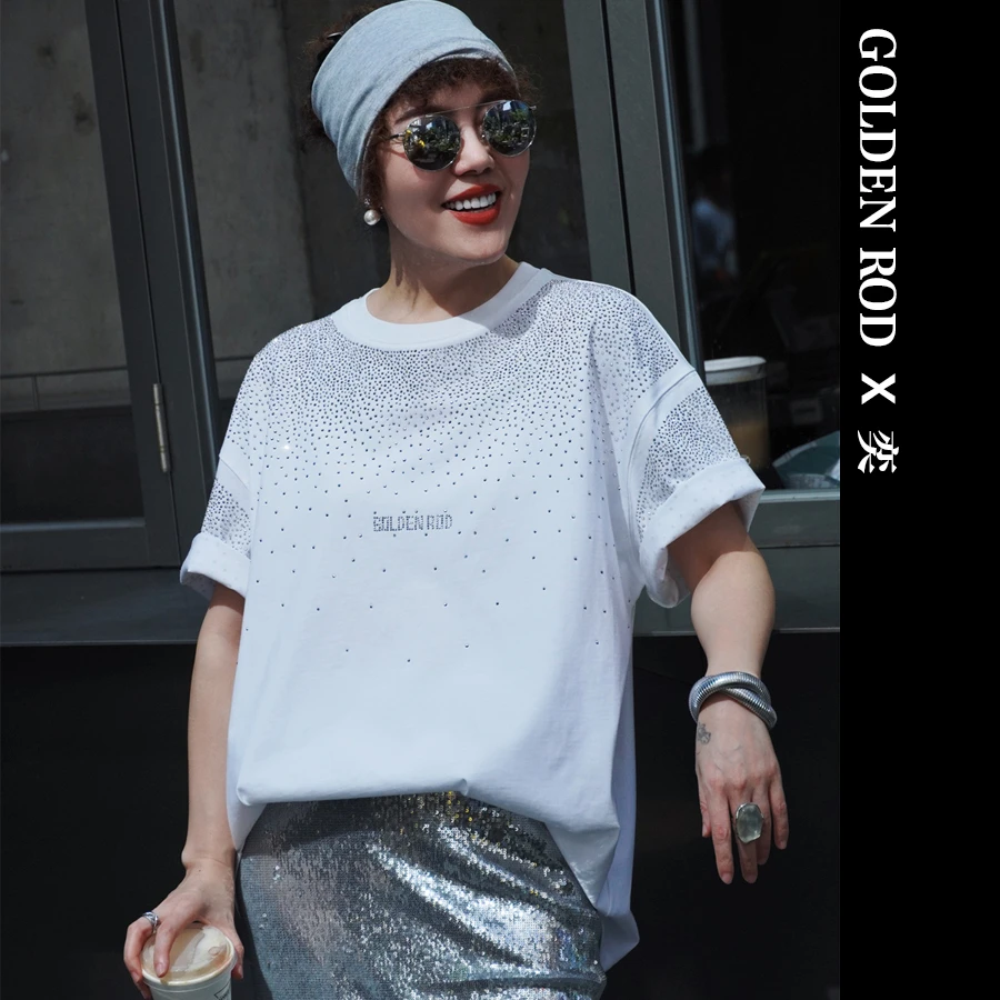 【GOLDEN ROD X 奕】原创设计师品牌2025夏季新款 烫钻重工短袖T恤