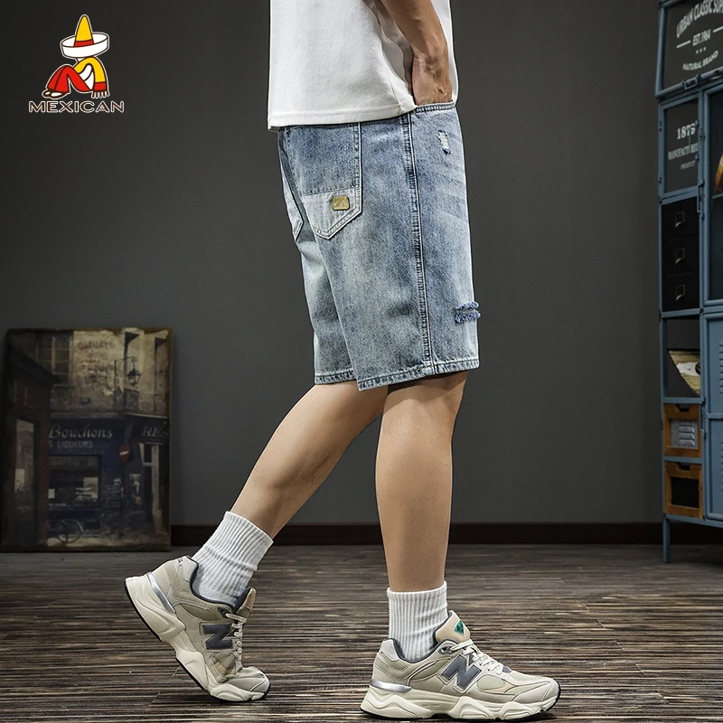 Mexican/稻草人夏季宽松男士牛仔短裤美式复古休闲破洞直筒五分裤