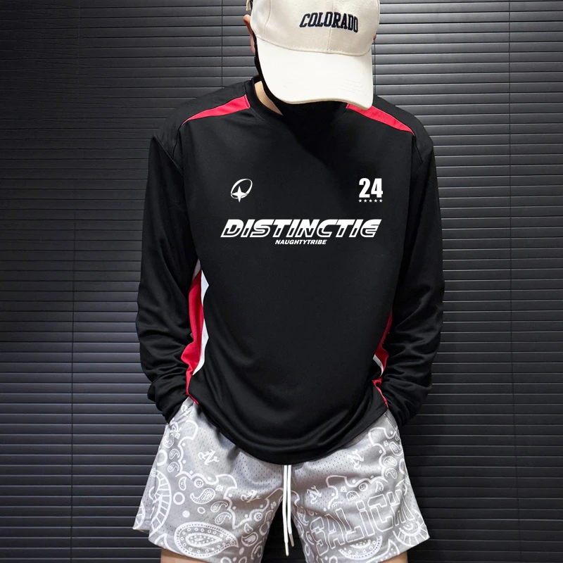 复古加宽版运动休闲长袖美式拼接轻薄印花T恤速干透气健身训练衣