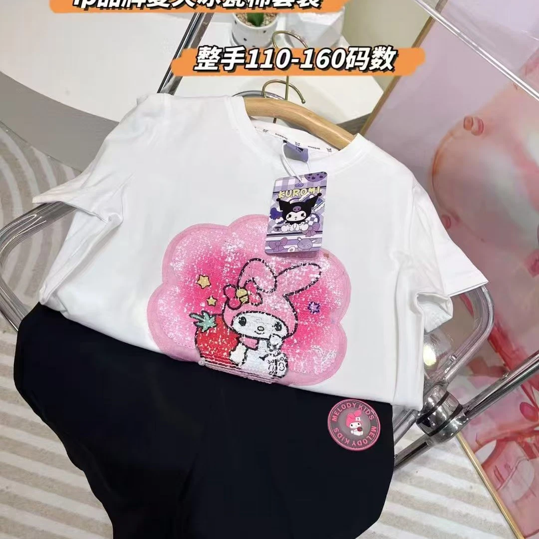 青岛纯棉女童夏季变色翻转亮片卡通短袖短裤套装洋气