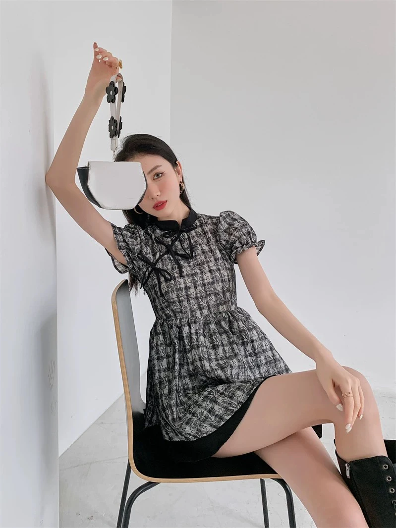 格子连衣裙新款女夏季小众设计泡泡袖连衣裙改良旗袍A173