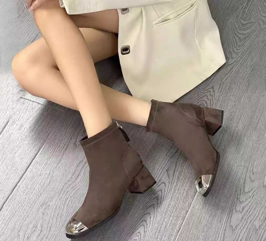 秋冬新款韩版通勤瘦瘦简约粗跟裸靴短靴Y59-5(不加绒)