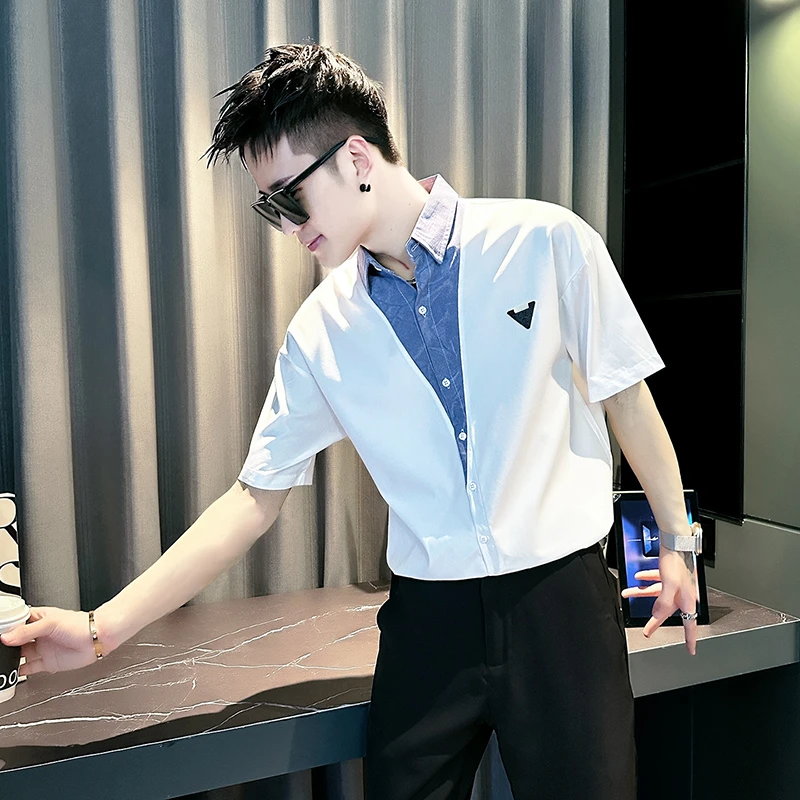 假两件拼接设计短袖衬衫男款夏季潮牌高级感男装休闲百搭半袖衬衣