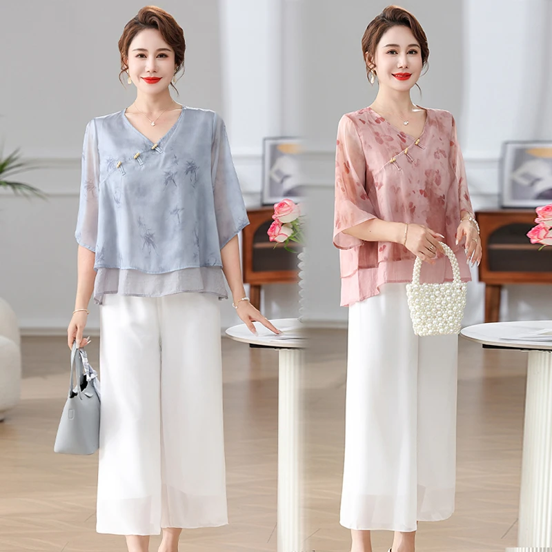 新中式妈妈夏装套装2025新款中老年女装夏季国风短袖上衣洋气小衫