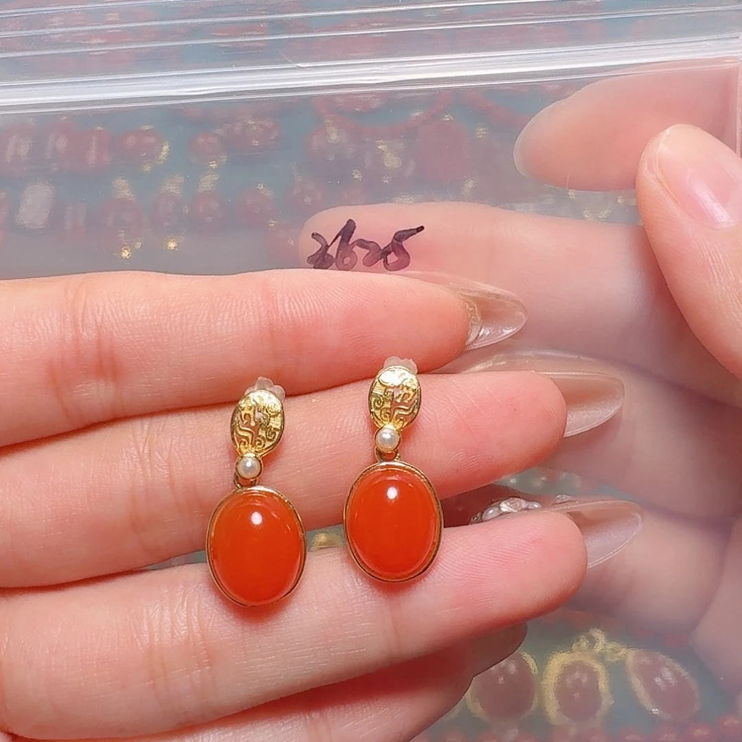 南红玛瑙银S925镶嵌耳饰