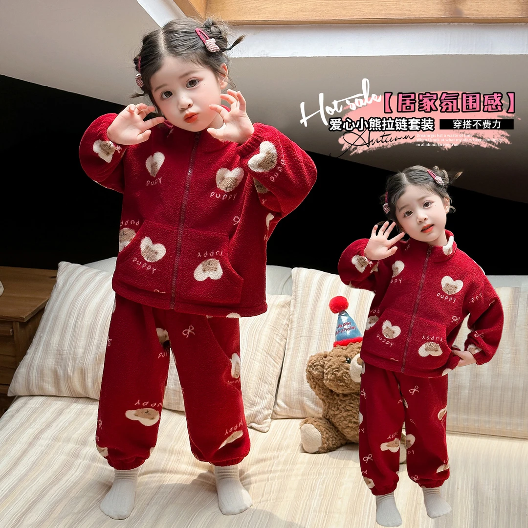 卡通风女童居家毛绒绒保暖家居服套装女孩冬款卡通男童