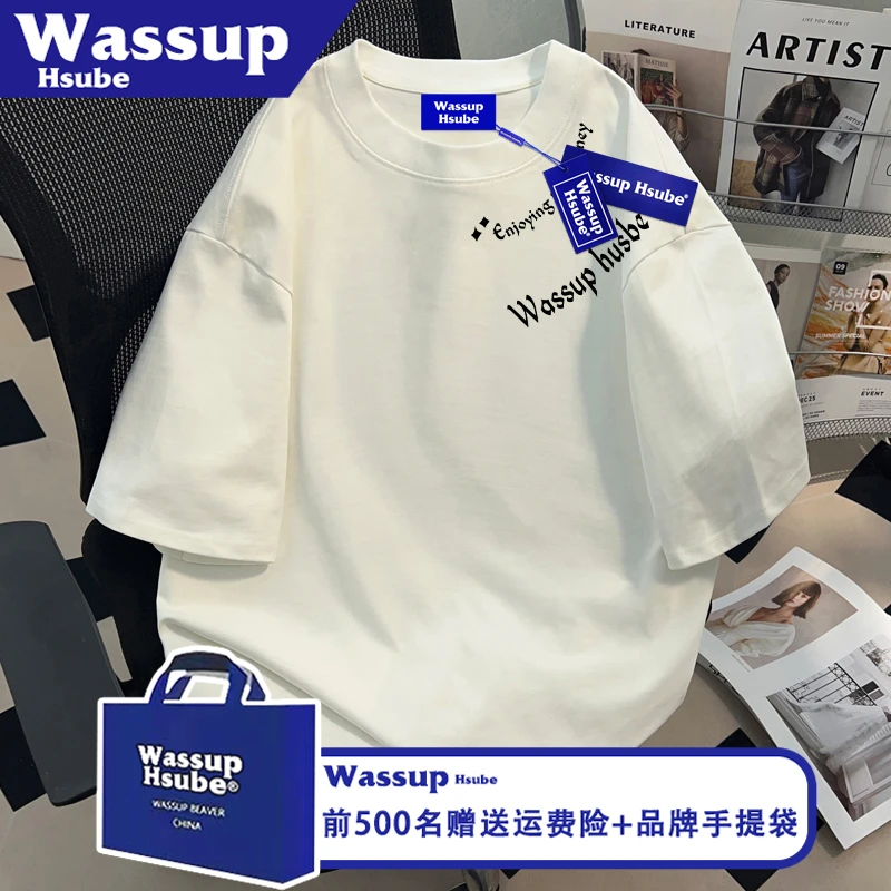WASSUP HSUBE夏学生ins字母印花凉感T恤男女潮流上衣白色纯棉短袖