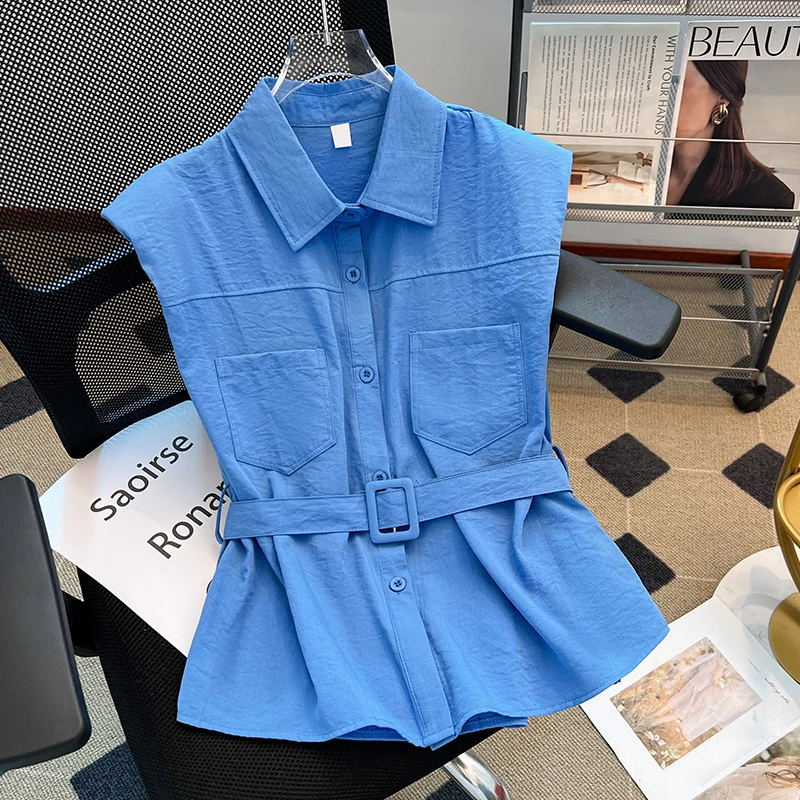 洋气POLO领小衫女夏款上衣时尚小个子无袖衬衫设计感修身显瘦衬衣