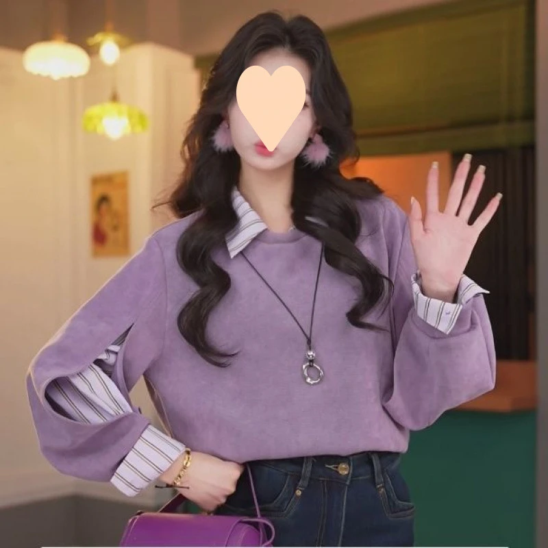 春秋秋冬百搭宽松显瘦洋气减龄假两件慵懒风韩版小众设计感上