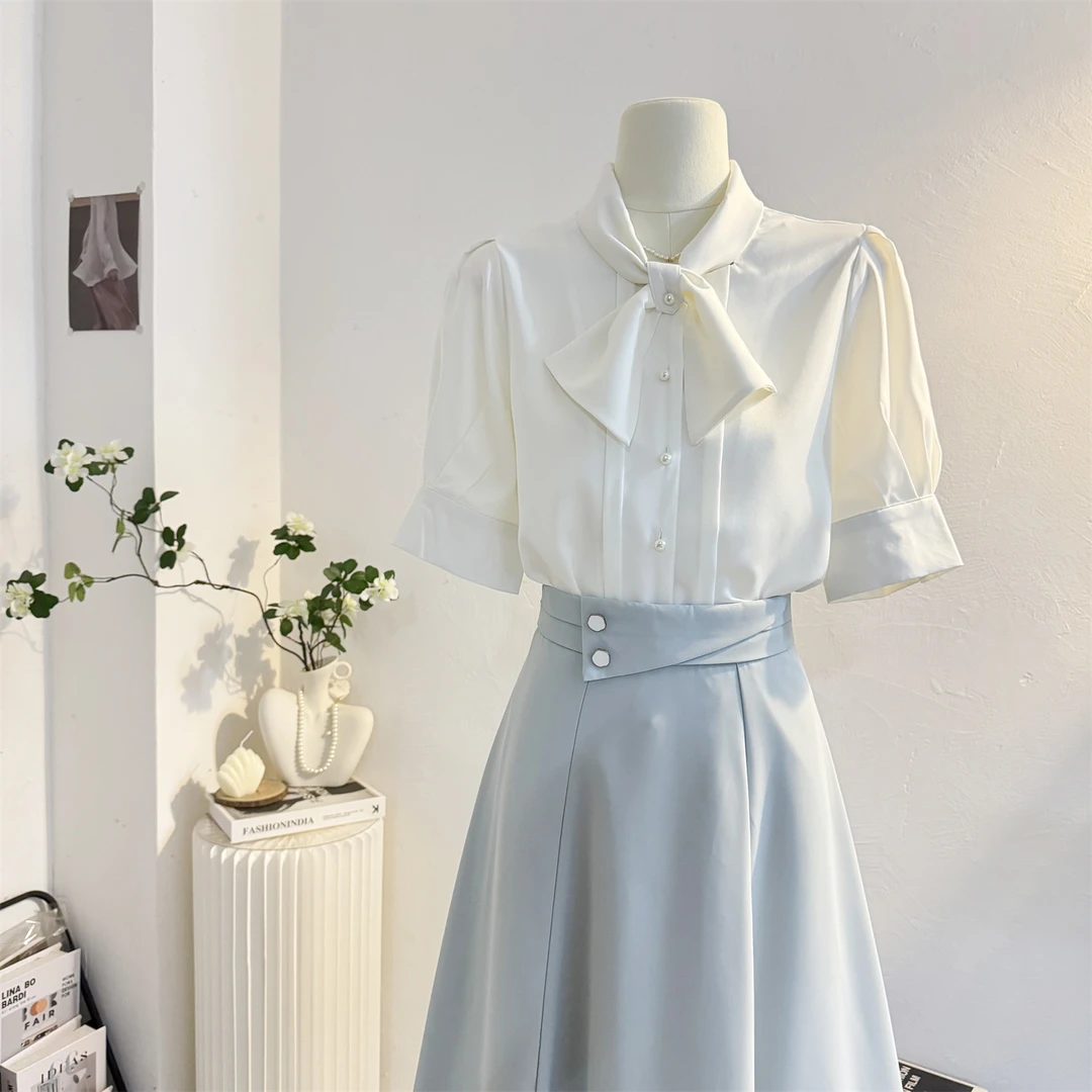 法式高级感蝴蝶结缎面短袖衬衫女2025夏垂感气质通勤衬衣职业上衣