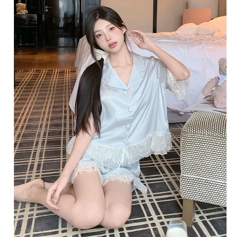 法式甜美睡衣女款爆款2025新款夏季薄款冰丝蕾丝开衫家居服可外穿