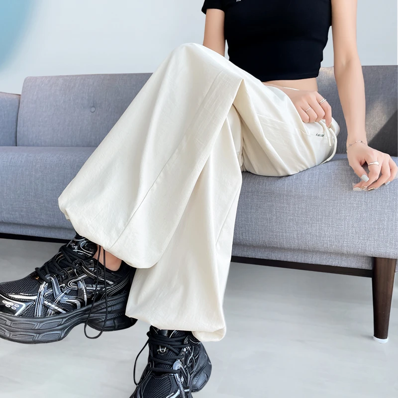 加长白色速干工装裤女高个子夏季冰丝薄款休闲宽松运动阔腿直筒裤