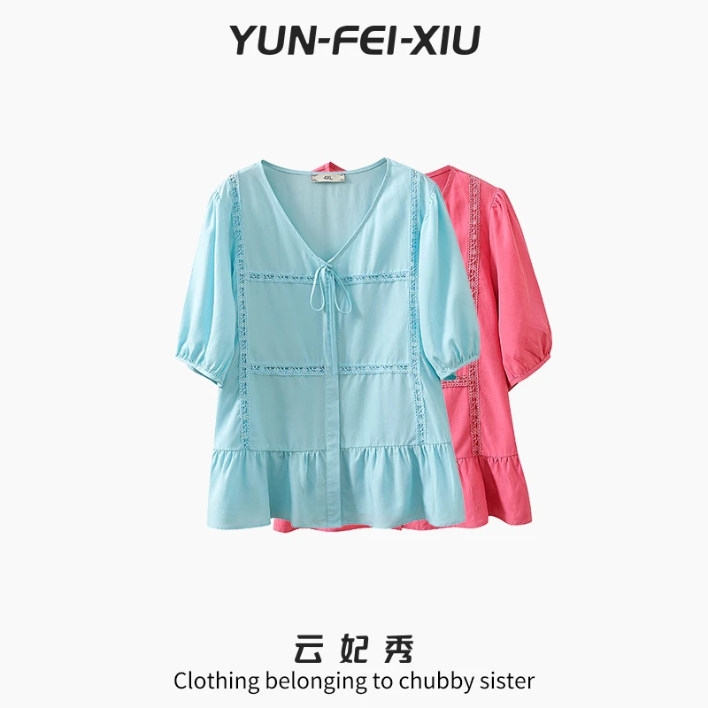 云妃秀大码女装衬衫V领系带时尚休闲宽松显瘦遮肉胖妹妹夏季22322