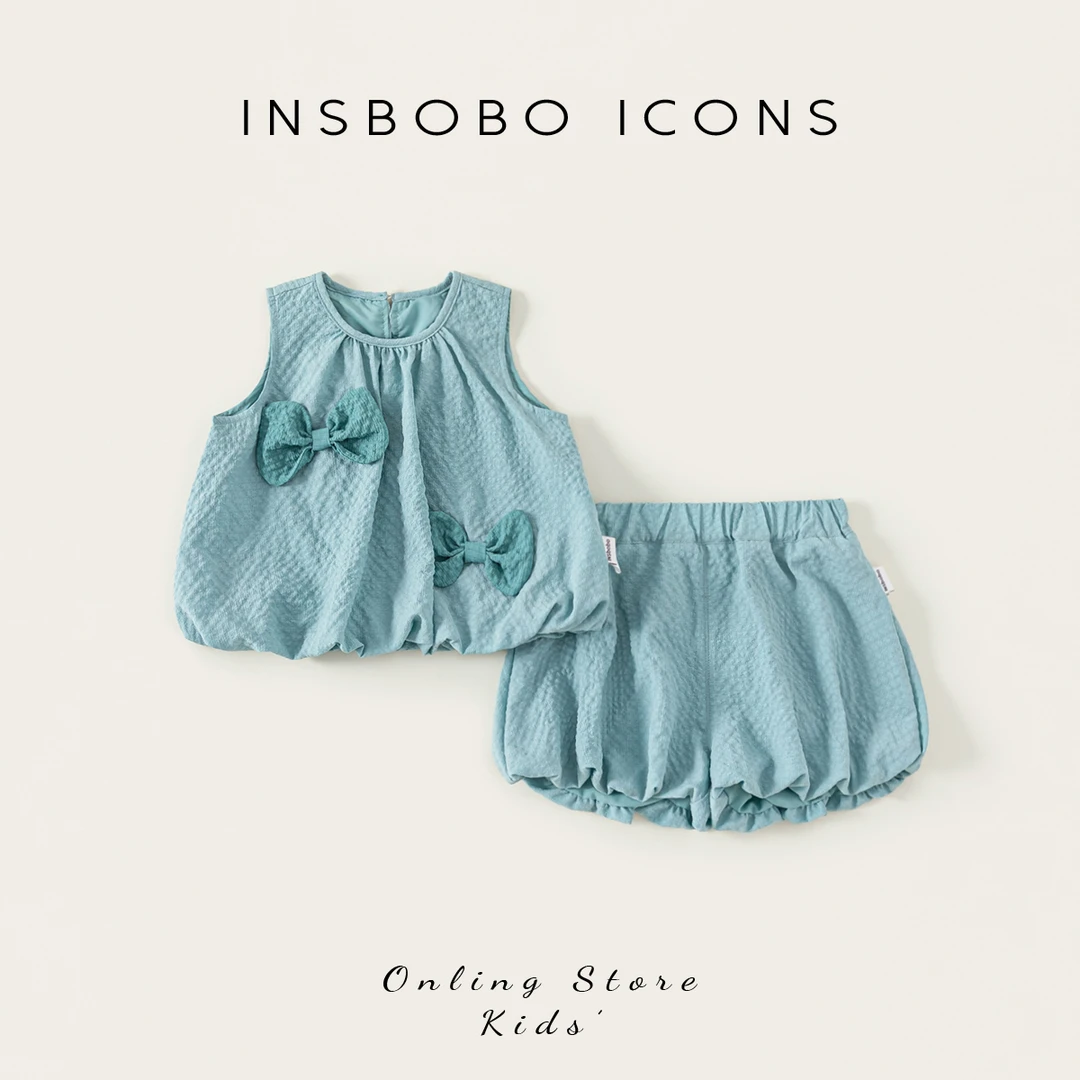 INSbobo女童夏季套装圆领蝴蝶结无袖上衣松紧腰花苞短裤潮XT25334
