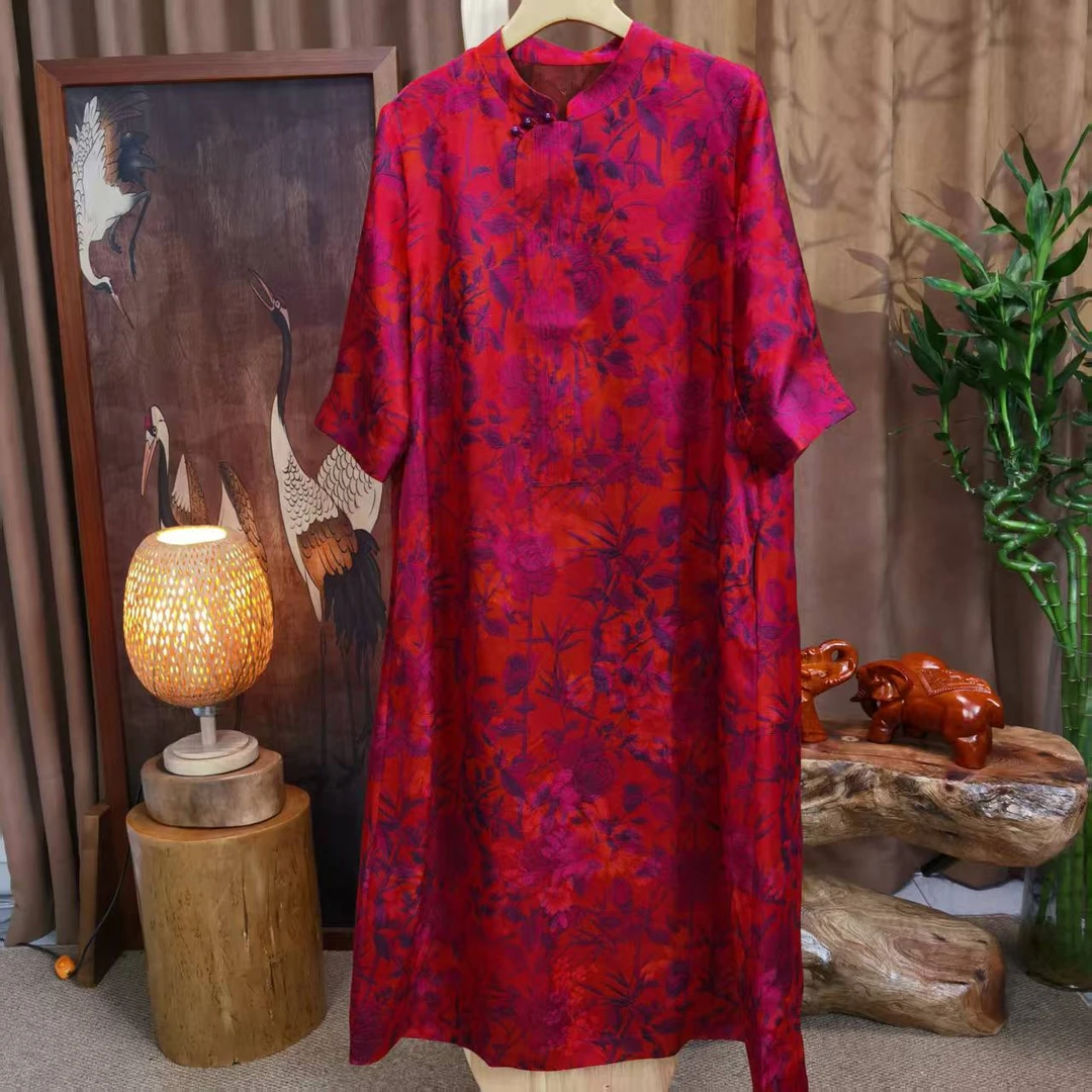 富美国风香云纱连衣裙F6015富贵红竹