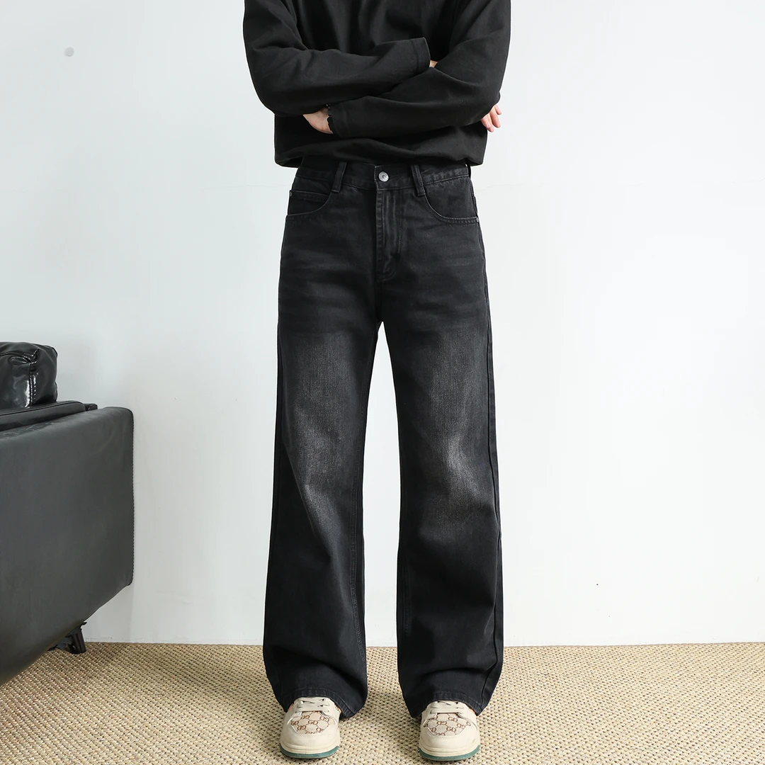 秋冬水洗黑灰cleanfit男款宽松直筒微喇牛仔裤美式休闲百搭长裤男