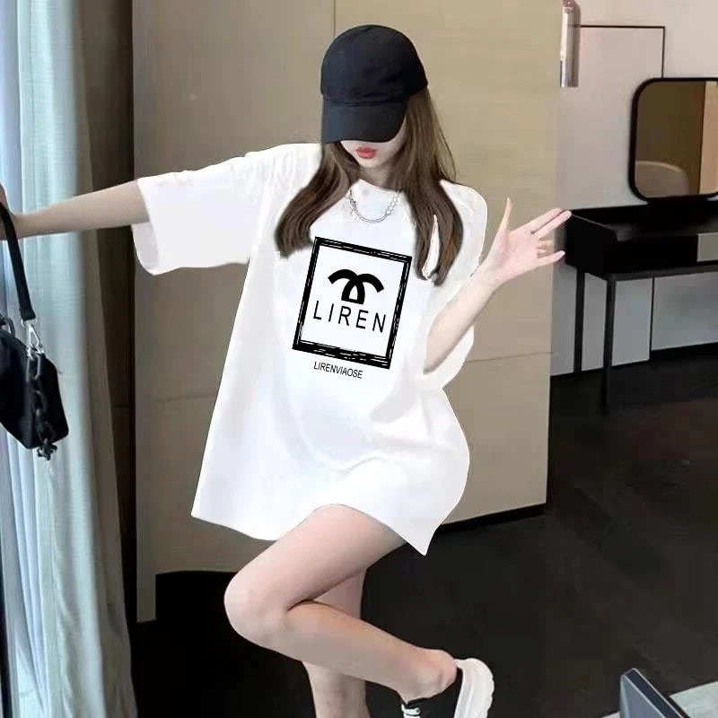 欧货白色时尚短袖t恤女宽松显瘦半袖大码2025夏季新款中长款上衣