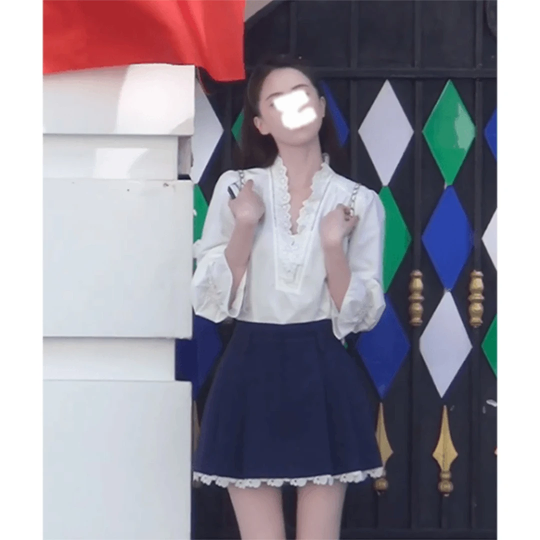 INS CEC设计感时尚白色蕾丝花边V领衬衫女高腰A字半身裙两件套装