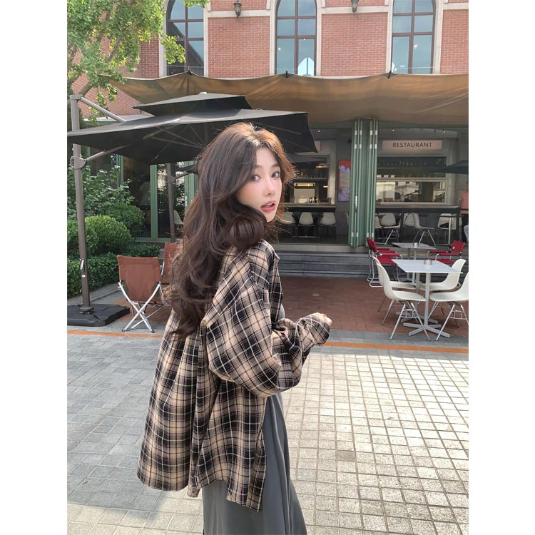 格子衬衫外套女2025春夏韩系宽松休闲衬衣复古慵懒风长袖防晒上衣