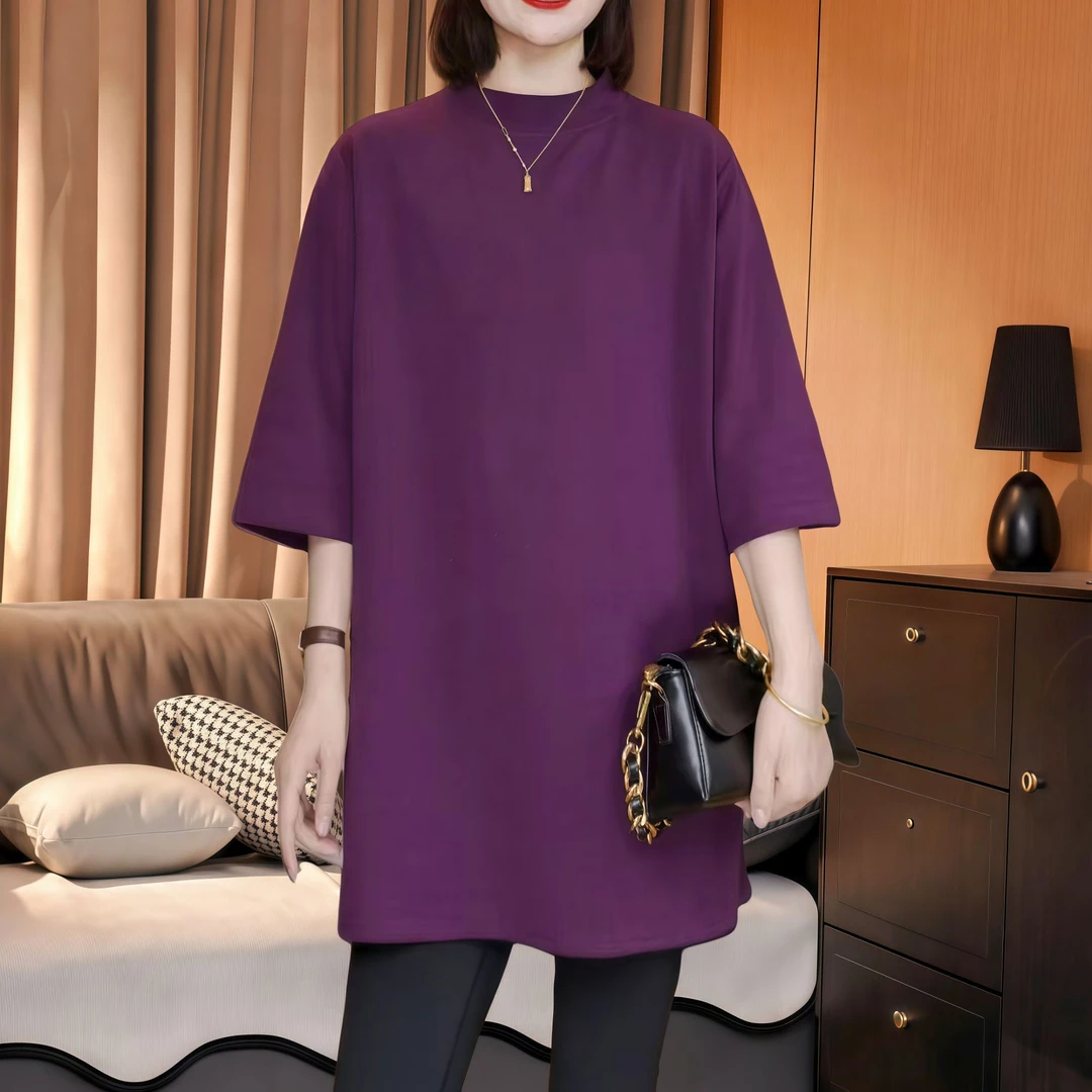早秋宽松圆领纯色七分袖T恤女2025休闲百搭显瘦遮肉柔软弹性上衣