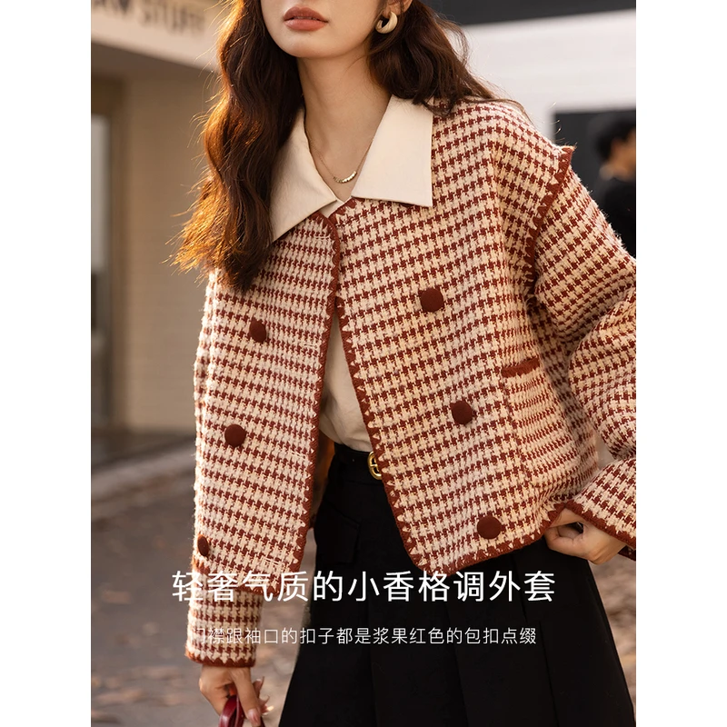 【年末大促】谜秀小香风千鸟格毛呢外套秋冬季小个子短款红色复古洋