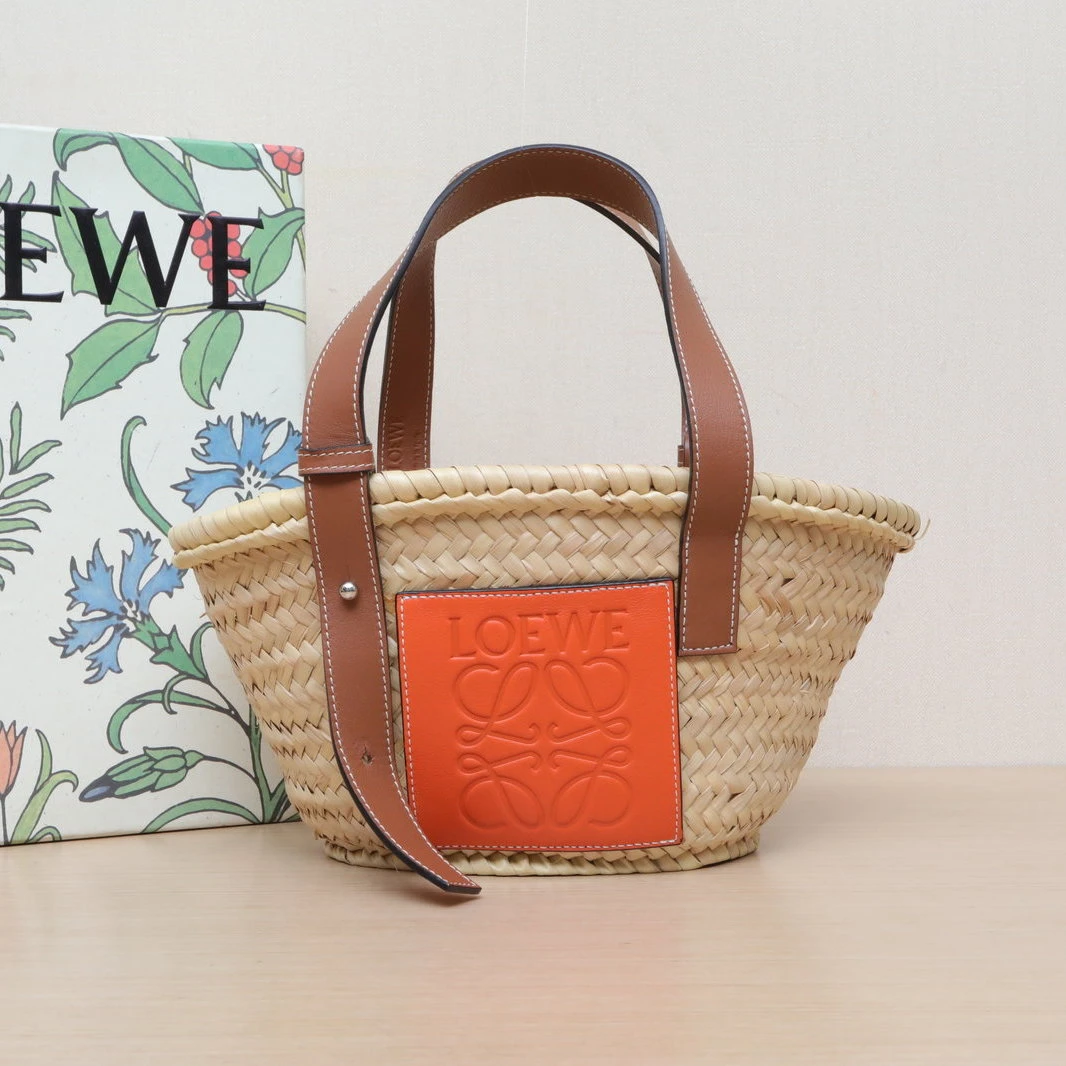 99新 LOEWE/罗意威 【双攀】 橘色草编 棕榈叶篮子 手袋小号297357